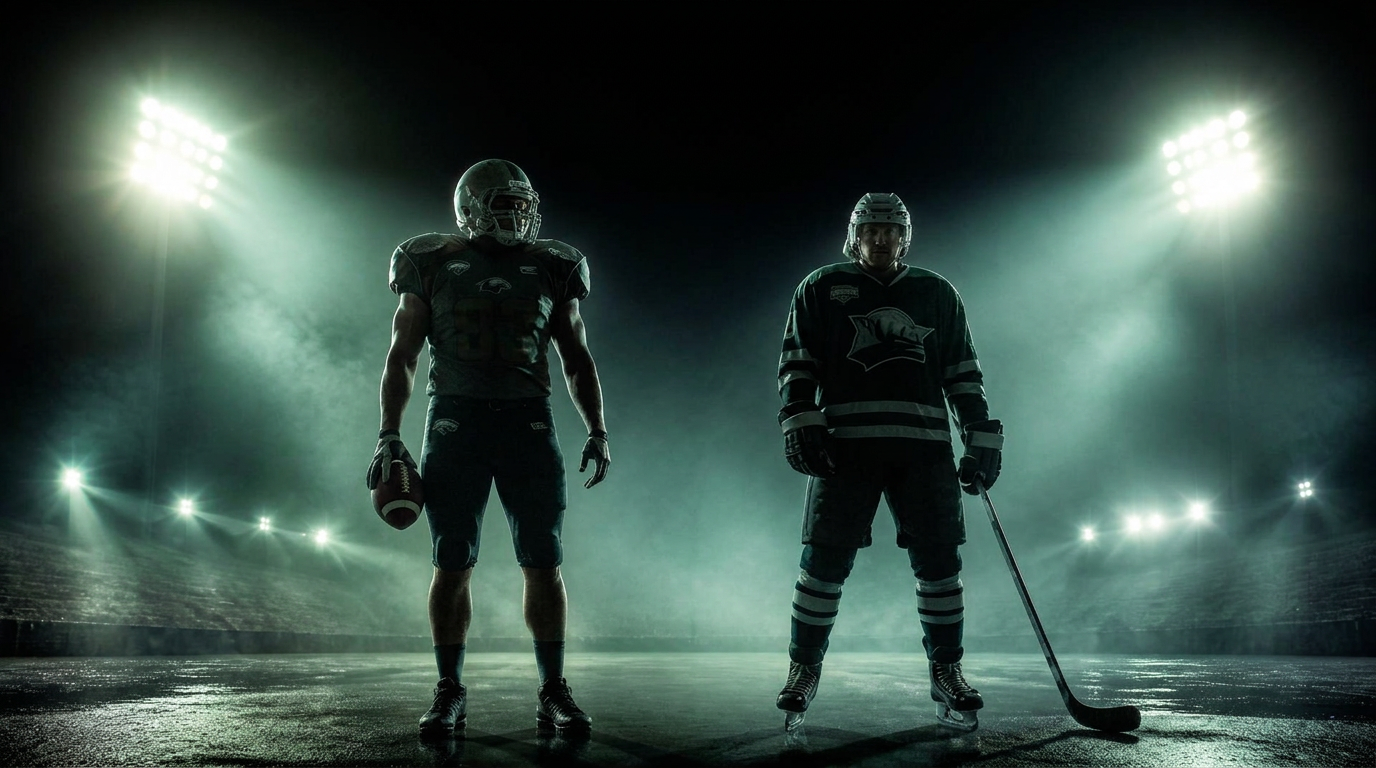 Football and hockey players standing under stadium floodlights